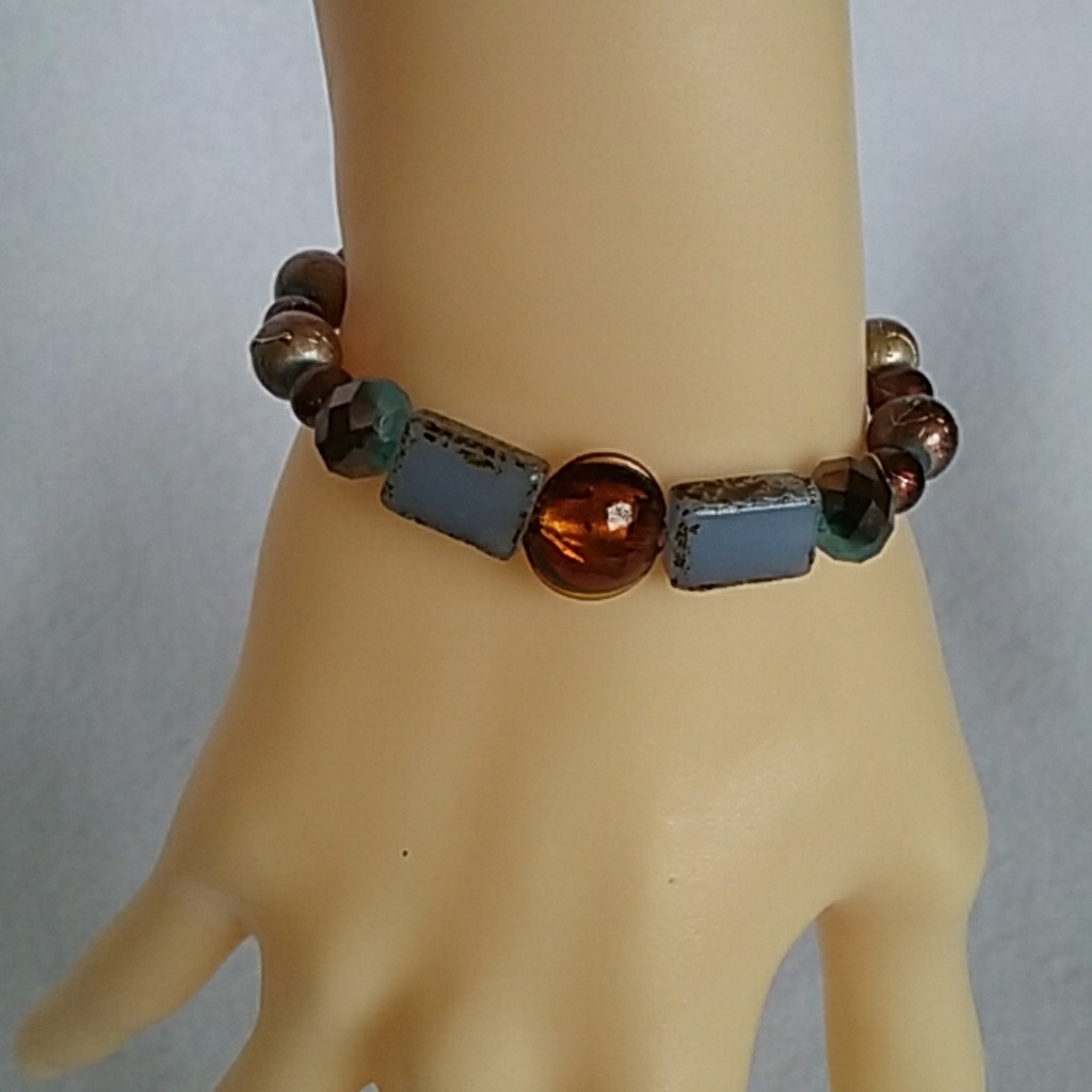 Blue And Brown Beaded Stretch Bracelet 15$